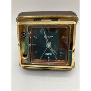 Vintage Bulova Quartz Lite‎ Alarm Travel Clock Brown Gold Tone Works 3"x2"x1"